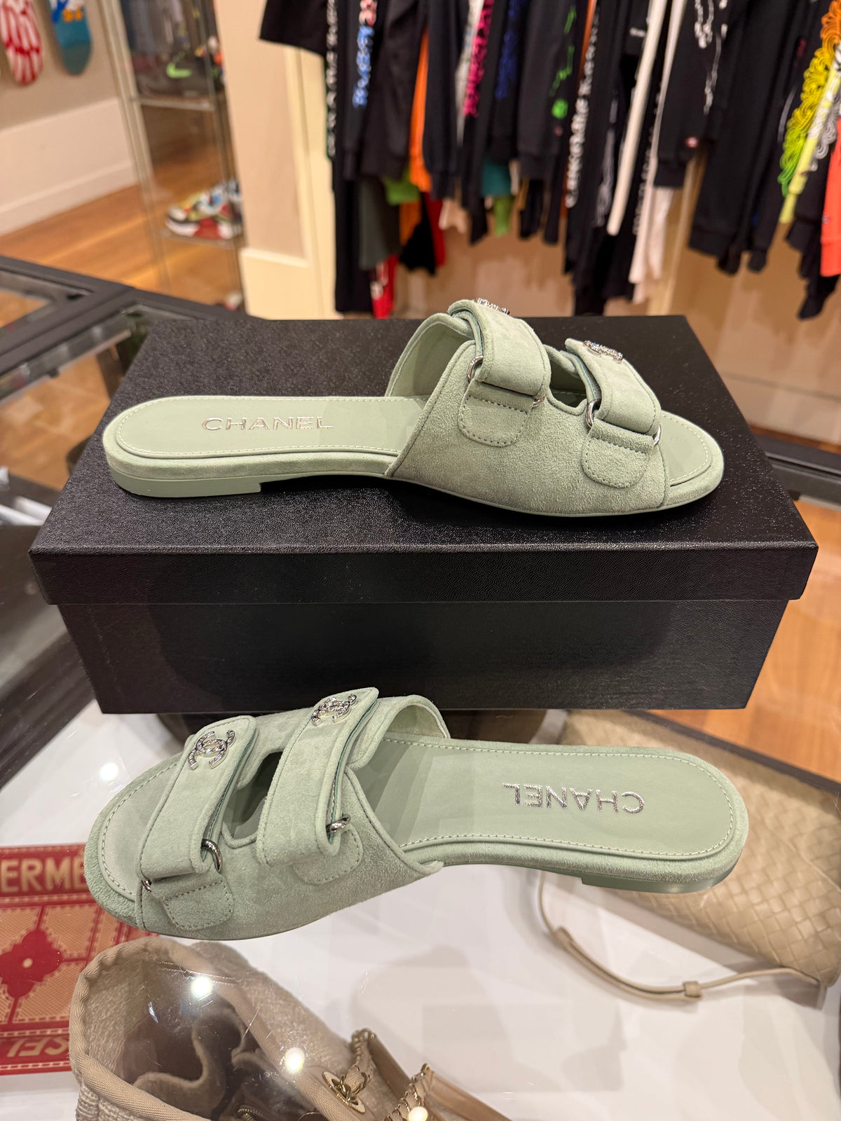 Chanel CC Rhinestone Sandals - Mint