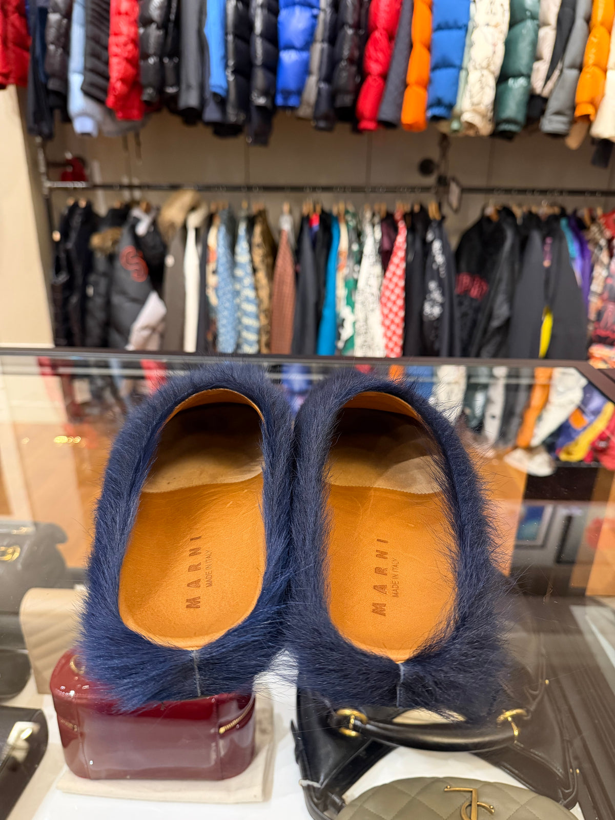 Marni Blue Fuzzy Slides