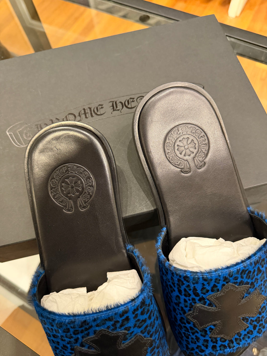 Chrome Hearts Blue Leopard CH Plus Patch Slides