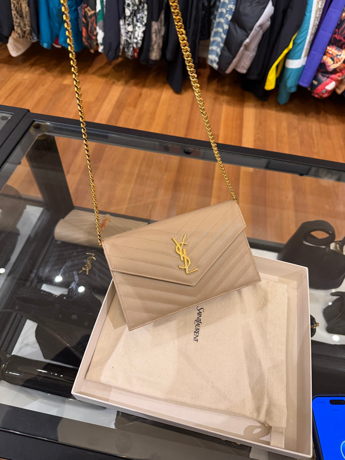 Saint Laurent Cassandre Chain Wallet - Dark beige