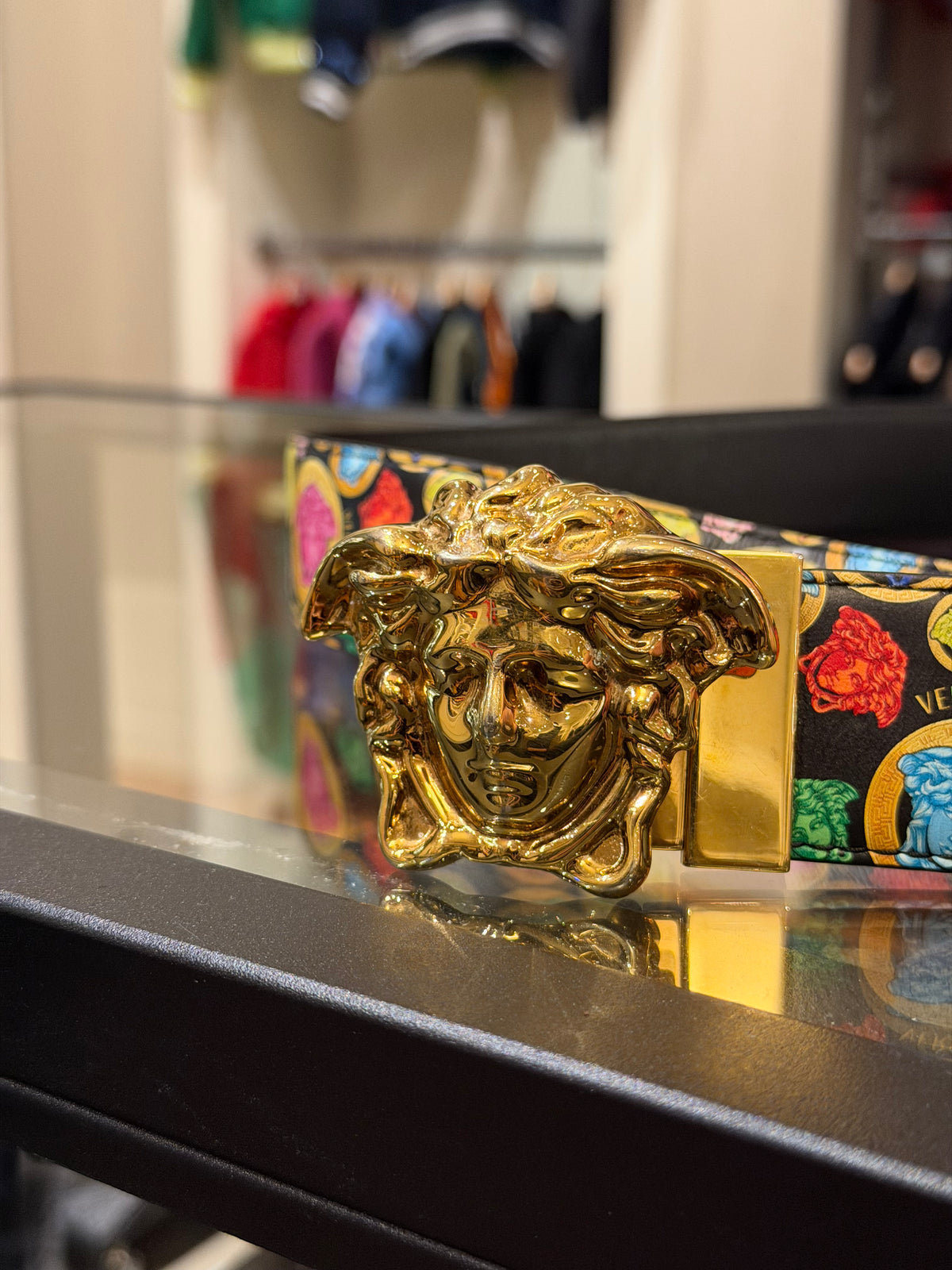 Versace Medusa Reversible Belt - Monogram/Black With Gold Buckle