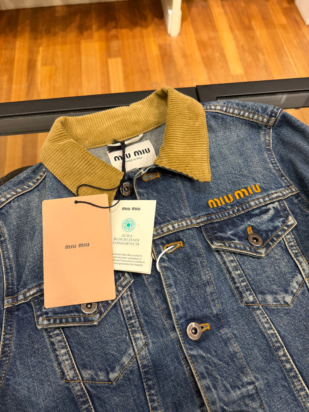 Miu Miu Logo Distressed Cropped Denim Jacket