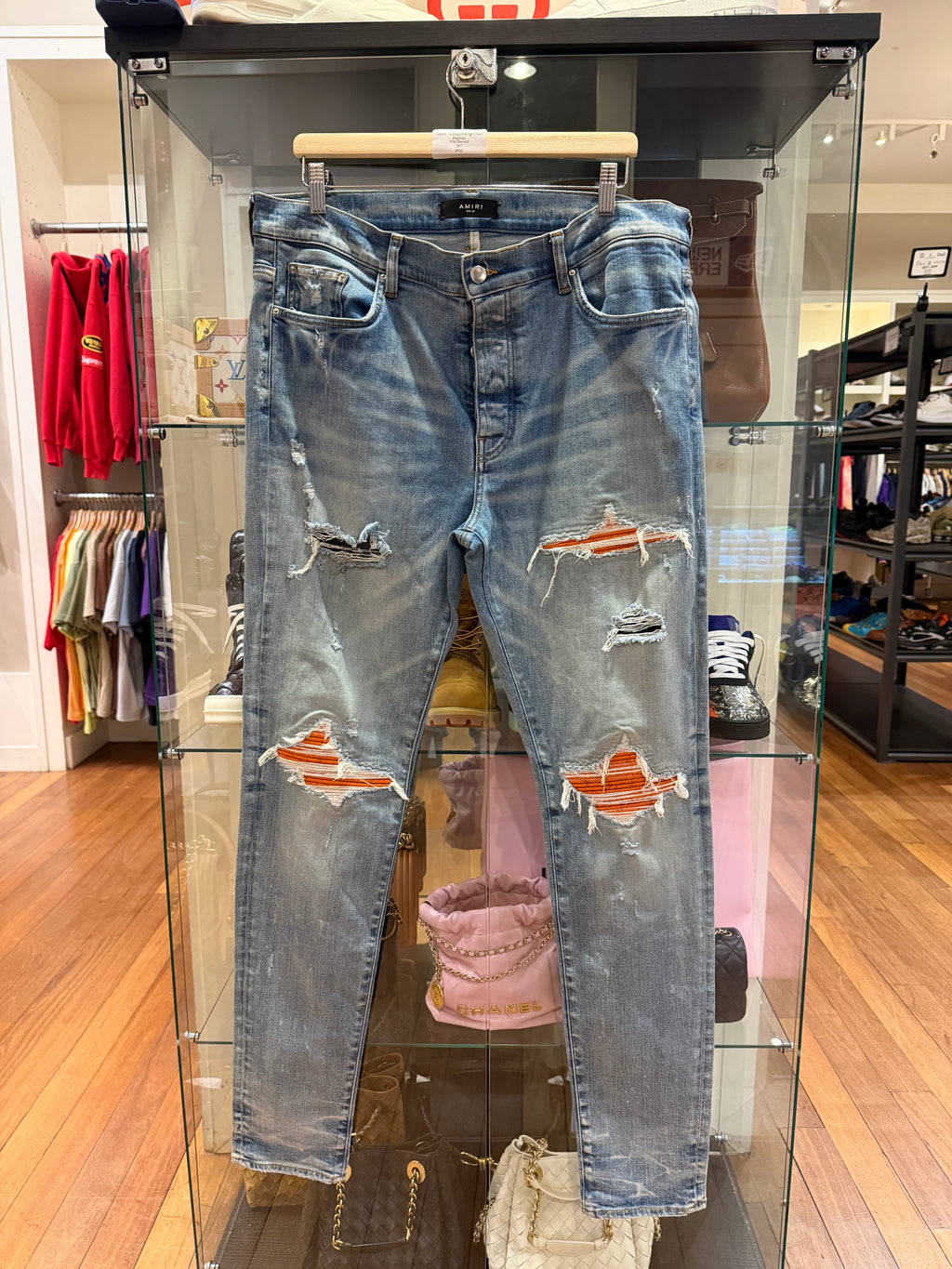 Amiri MX1 Distressed Skinny Jeans - Light Wash/Orange Patches