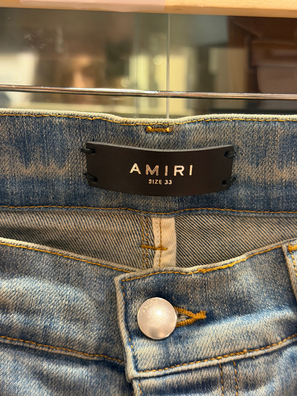 Amiri MX1 Distressed Skinny Jeans - Light Wash/Black Patches