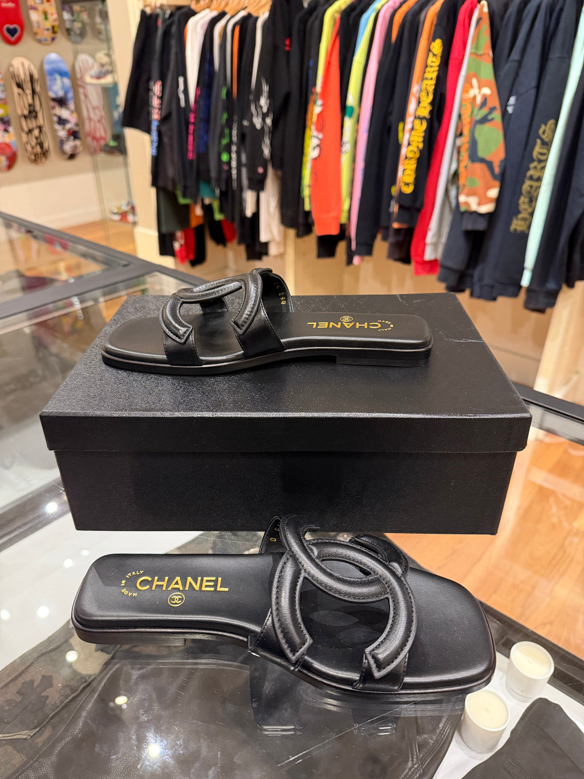 Chanel Interlocking CC Logo Lambskin Leather Sandals
