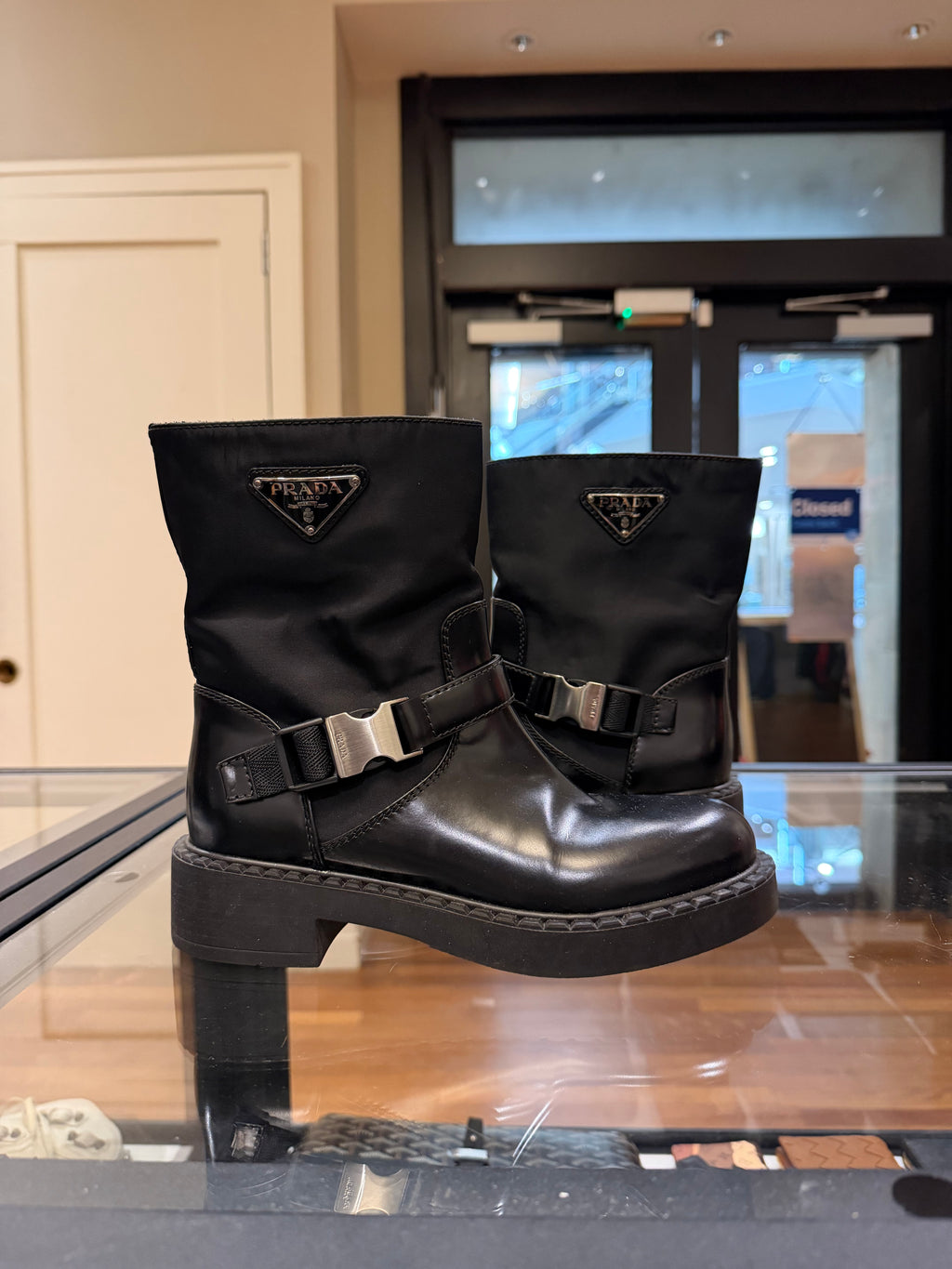 Prada Ankle Strap Nylon Moto Boots