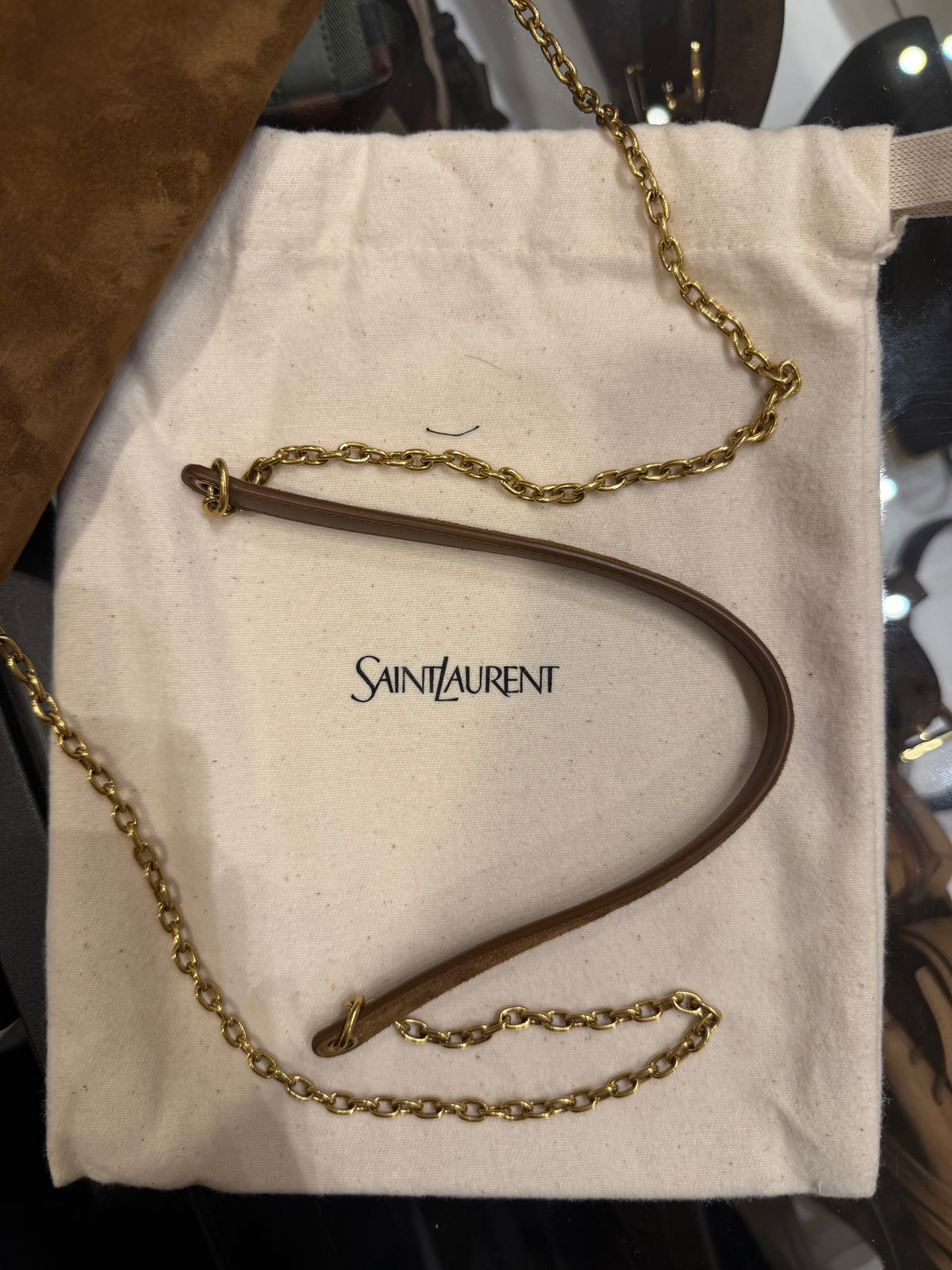 Saint Laurent Cassandre Small Chain Pouch In Suede - Caramel Cognac