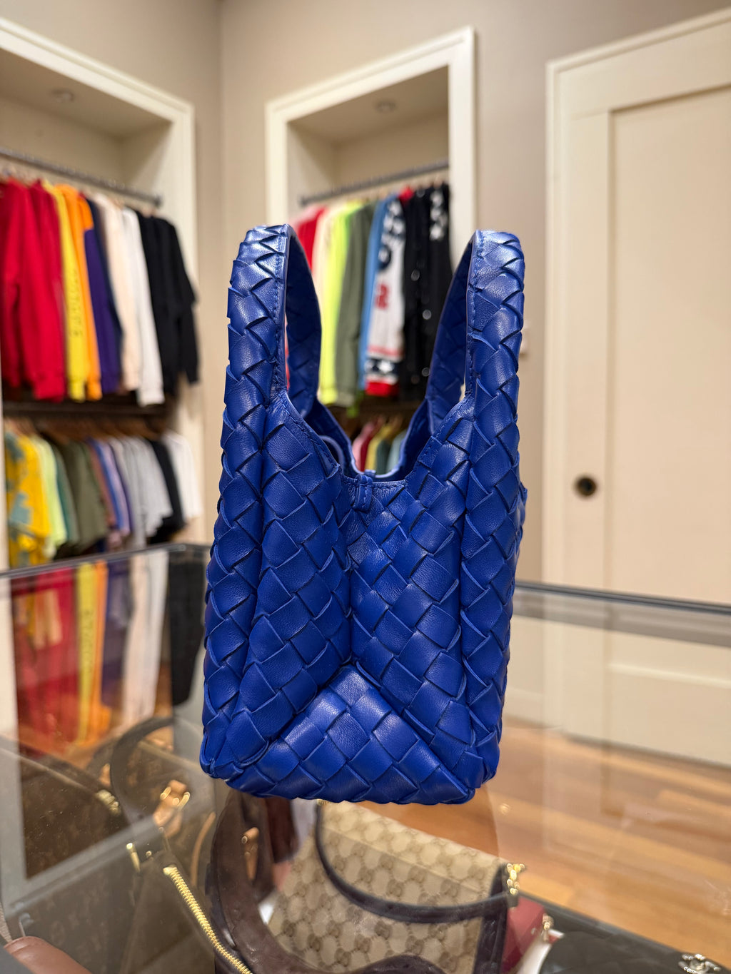 Bottega Veneta Intrecciato Woven Leather Shoulder Bag - Royal Blue