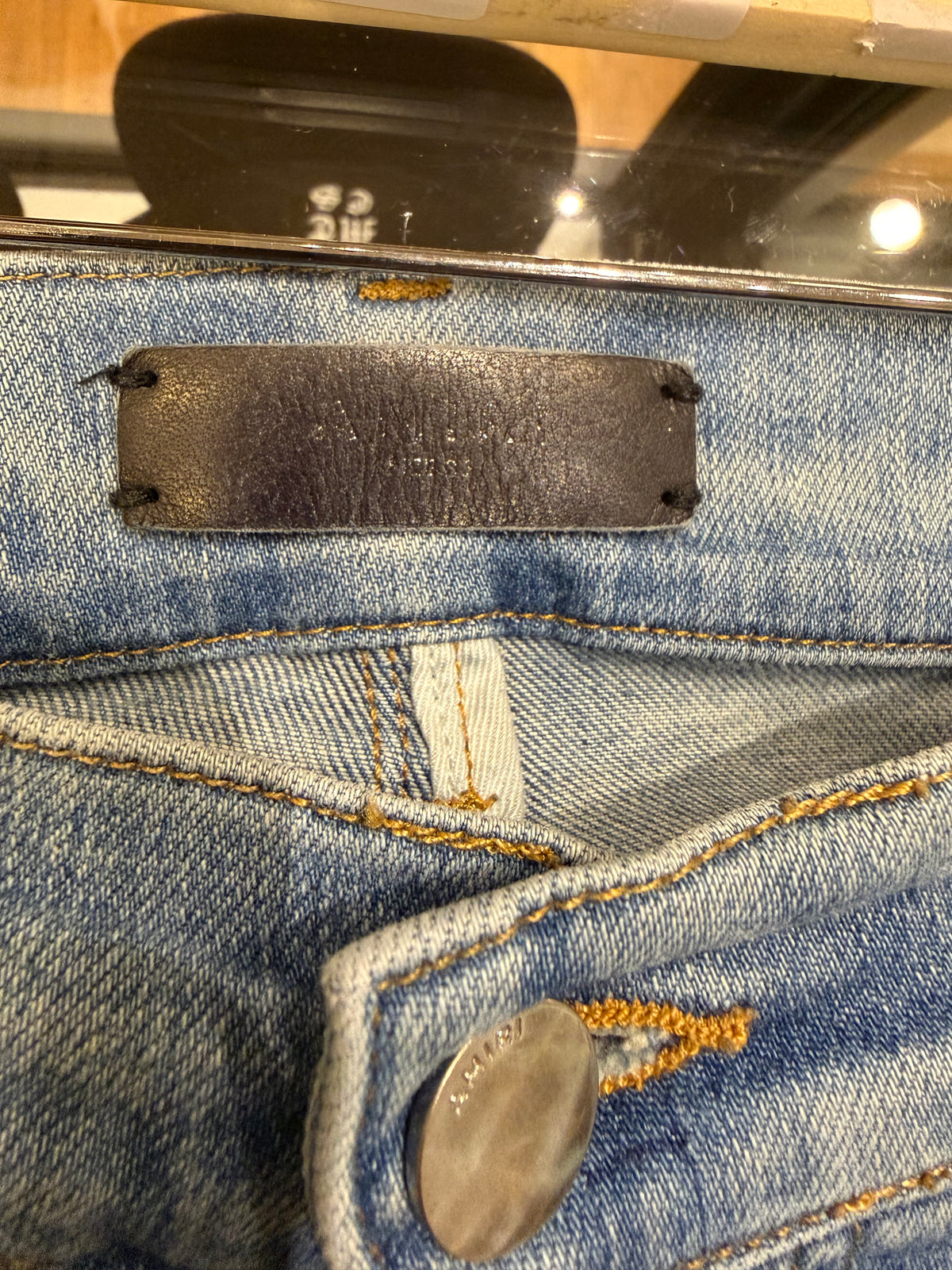 Amiri MX1 Skinny Jeans Light Blue Black Paisley Patches