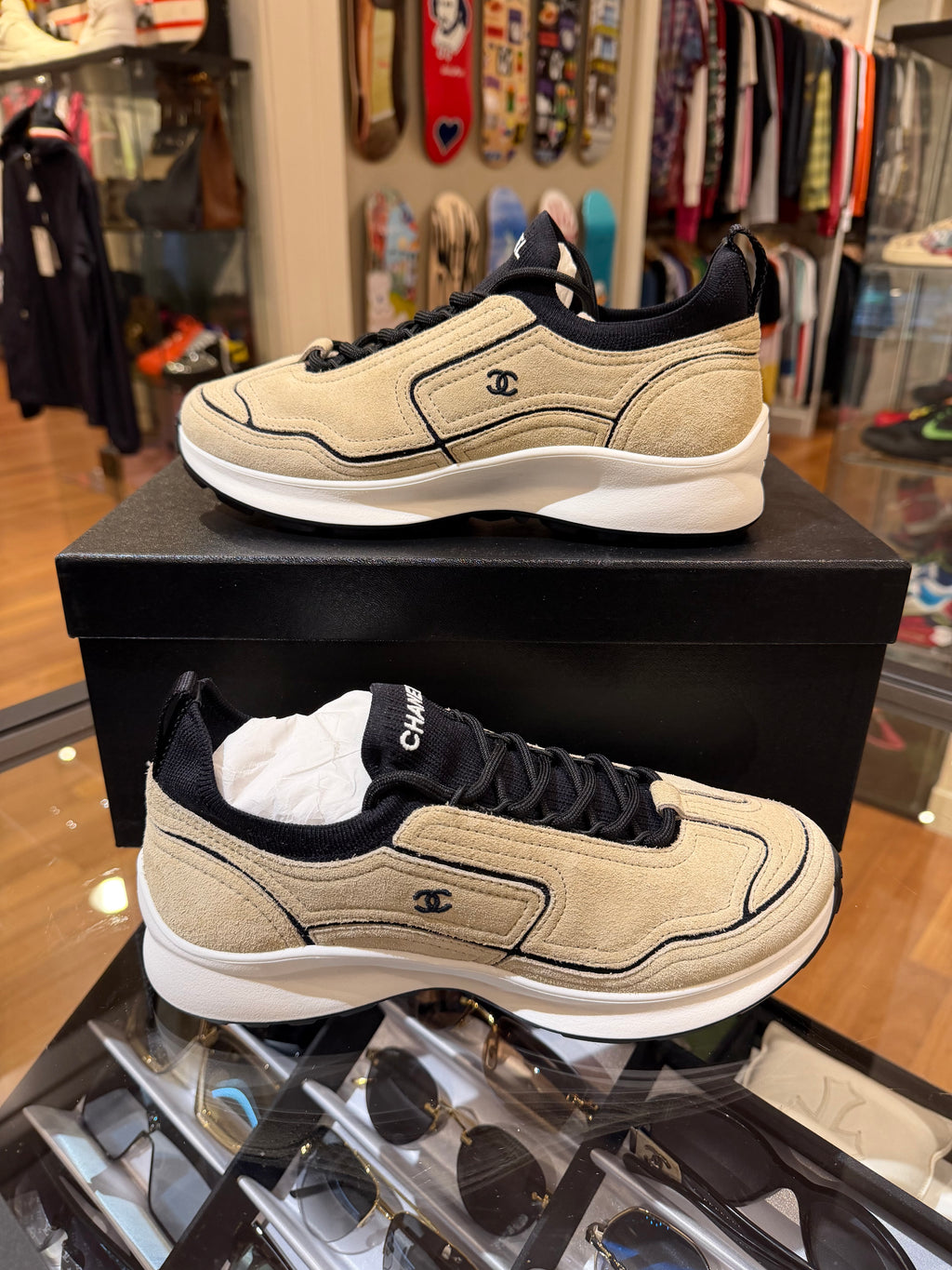 Chanel CC Suede Trainers - Beige/Black
