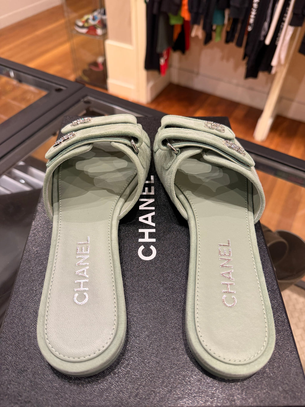 Chanel CC Rhinestone Sandals - Mint