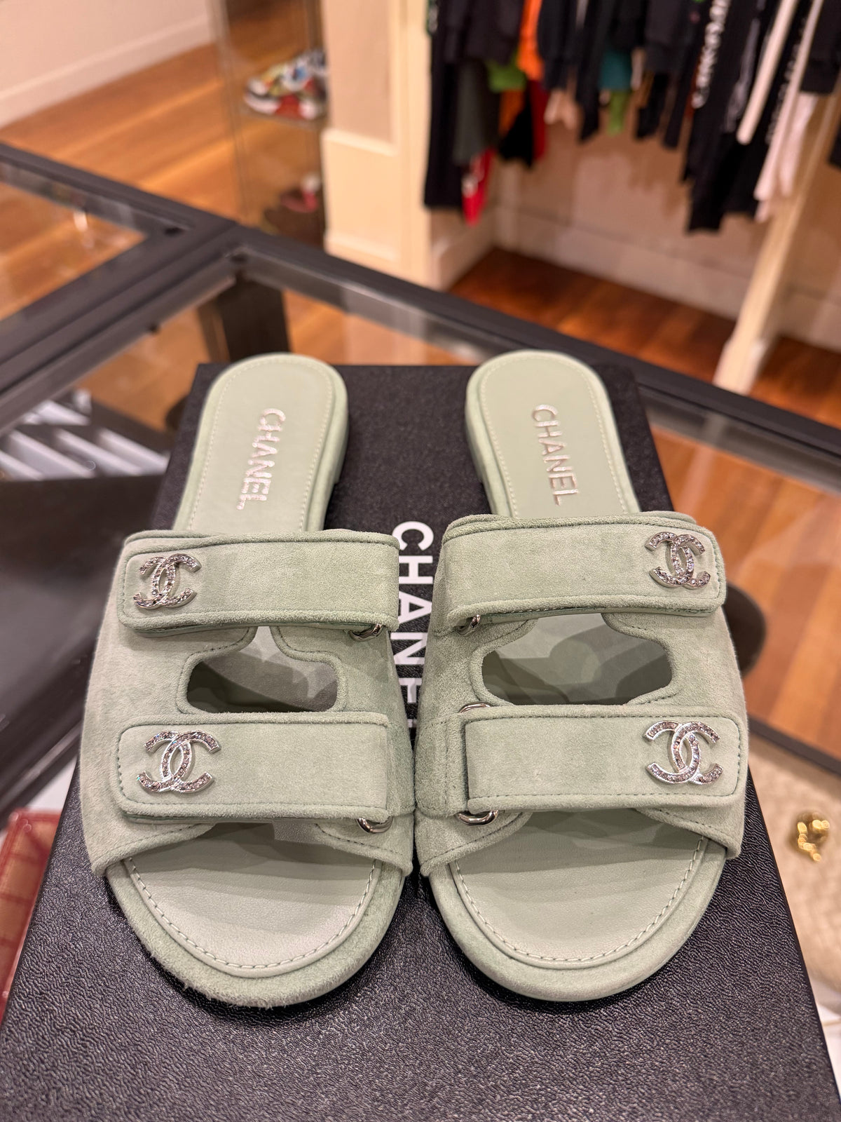 Chanel CC Rhinestone Sandals - Mint