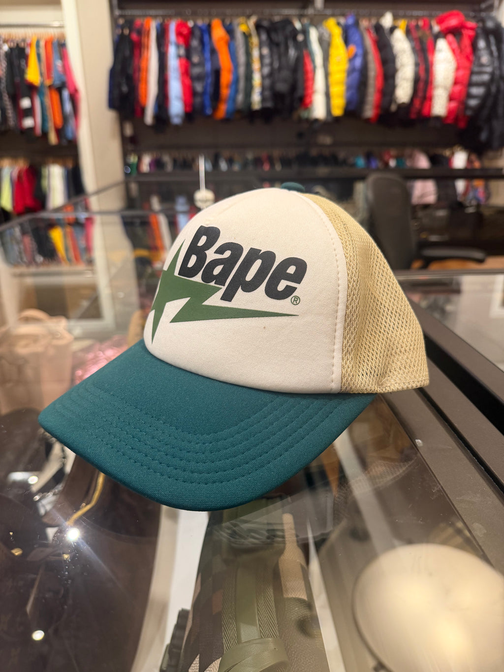 Bape Star Trucker Hat - Green & Beige