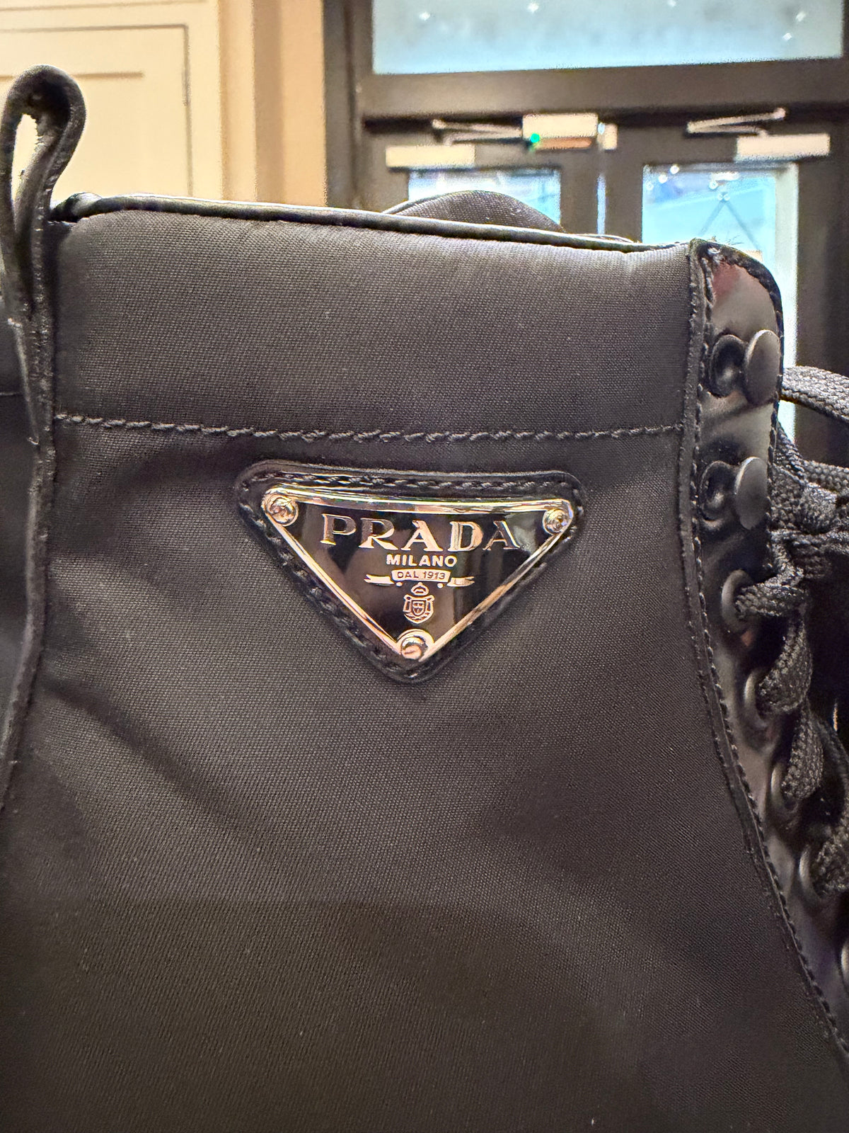 Prada Nylon Leather Block Heel Combat Boots - Black