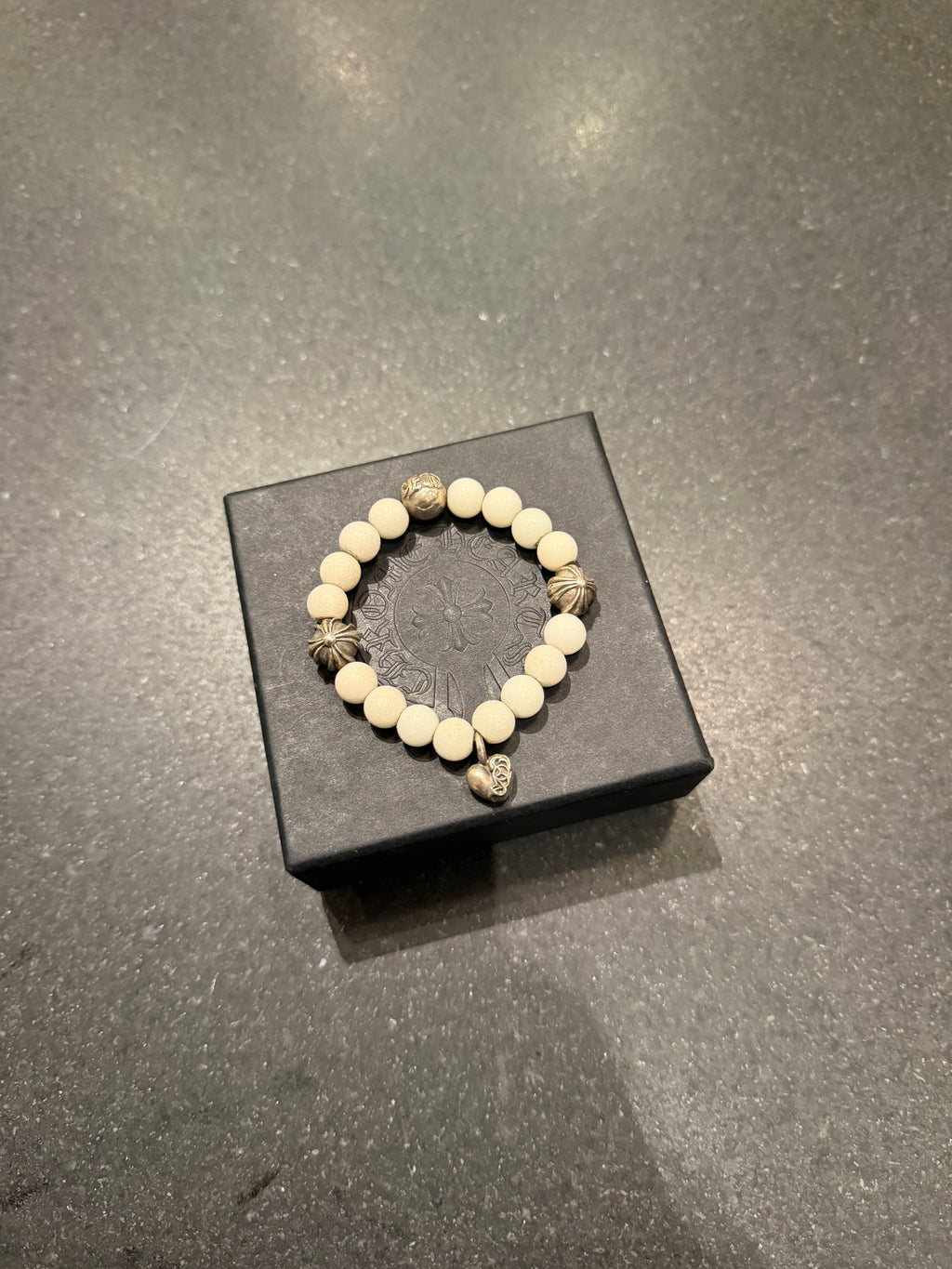 Chrome Hearts White Onyx Bead Bracelet W/ Heart Charm