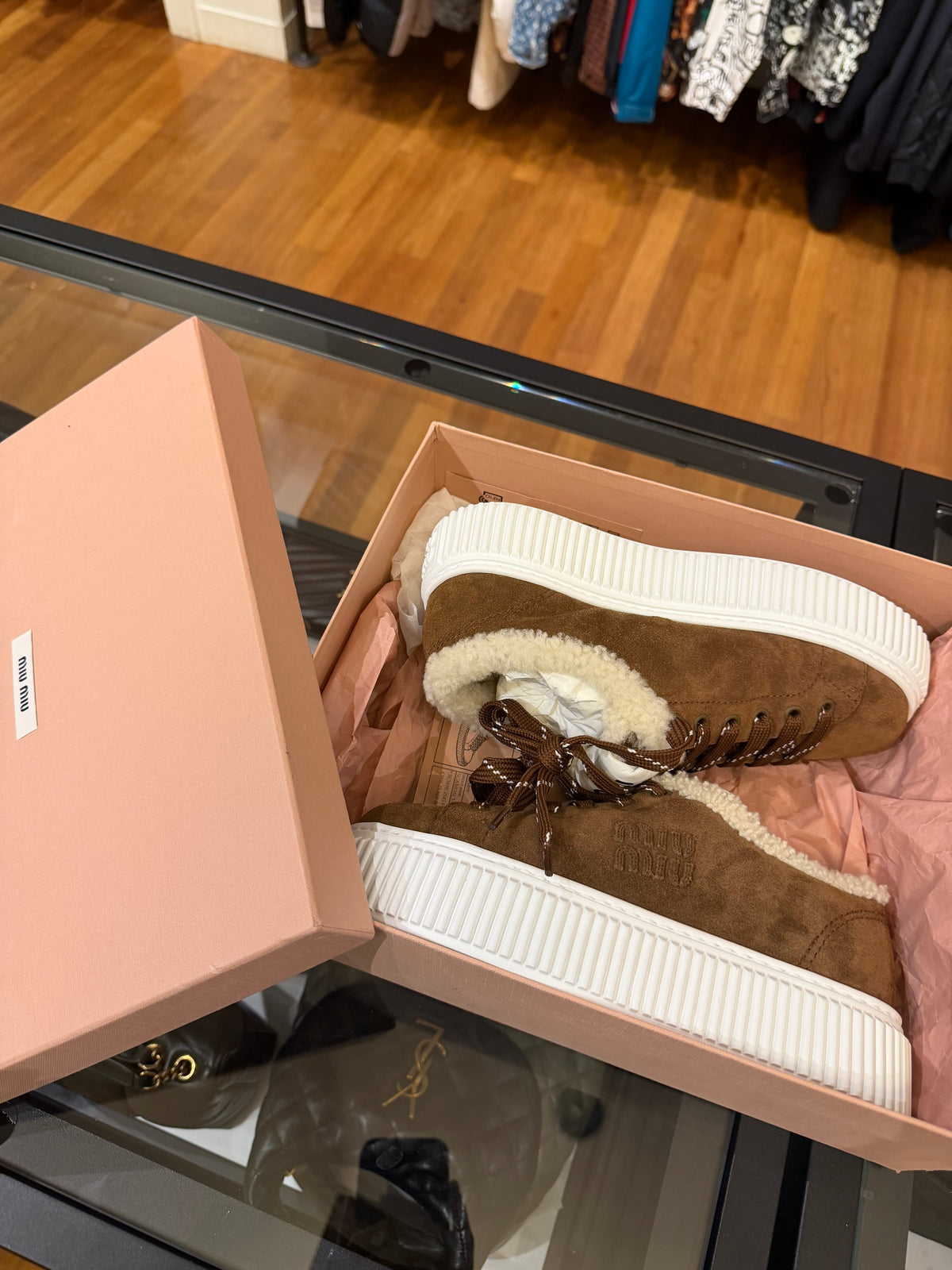 Miu Miu Suede & Shearling Sneakers - Dark Brown