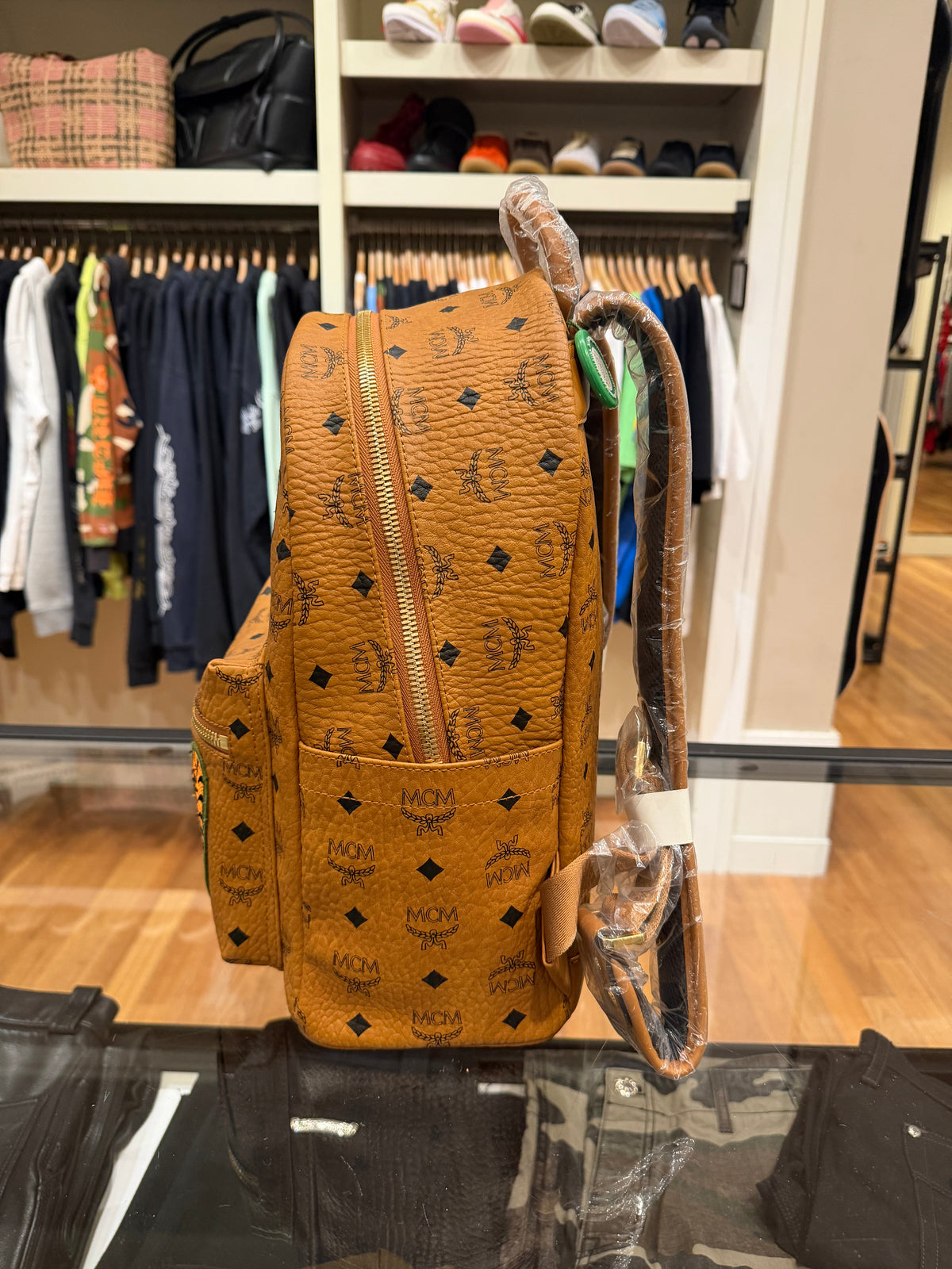 MCM x Bape Shark Backpack Visetos Cognac