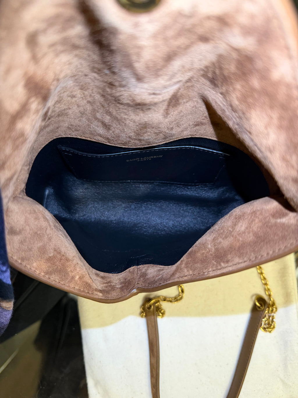 Saint Laurent Cassandre Small Chain Pouch In Suede - Caramel Cognac