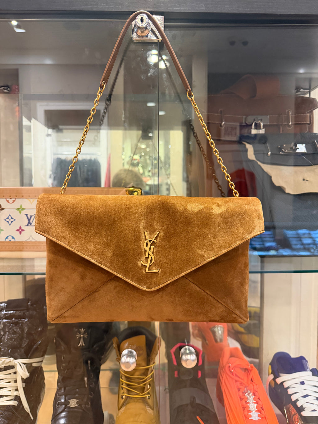 Saint Laurent Cassandre YSL Envelope Shoulder Bag - Camel Suede