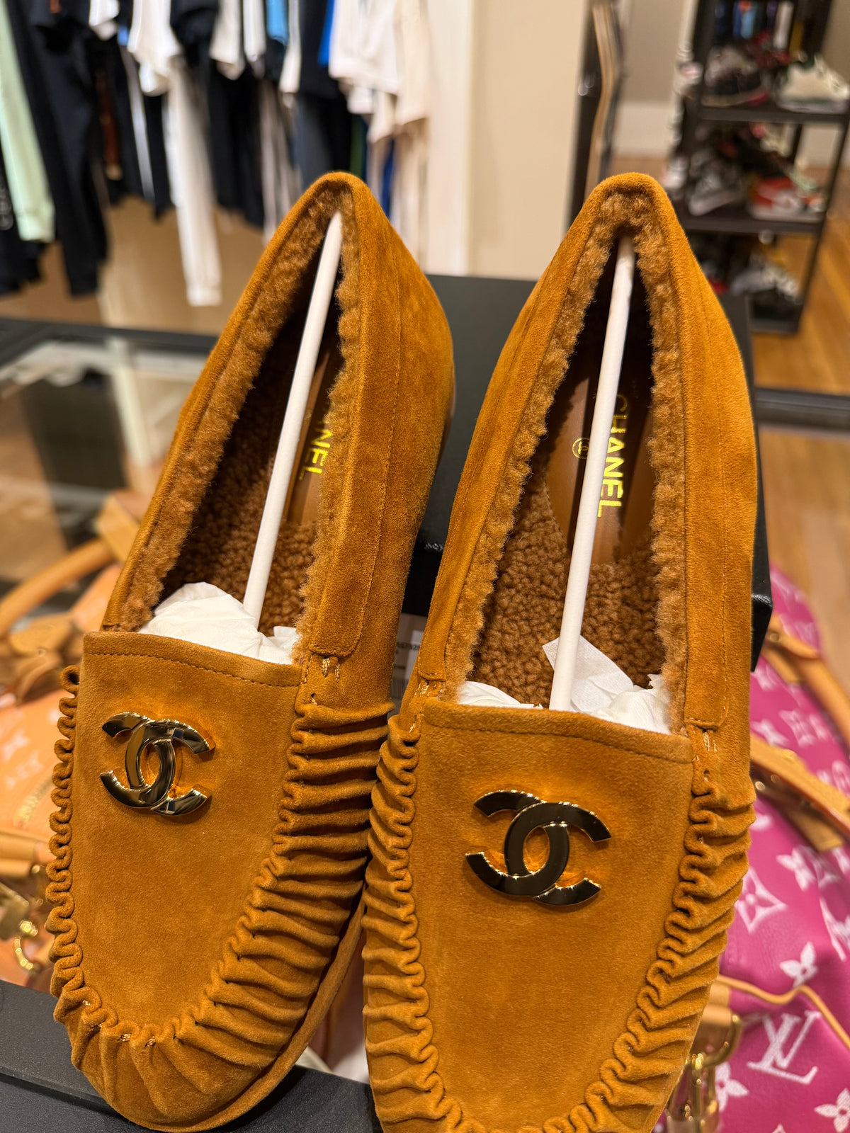 Chanel 26K Tan Suede Mocassins
