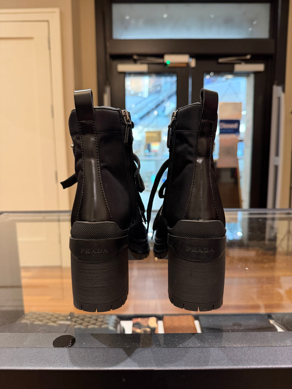 Prada Nylon Leather Block Heel Combat Boots - Black