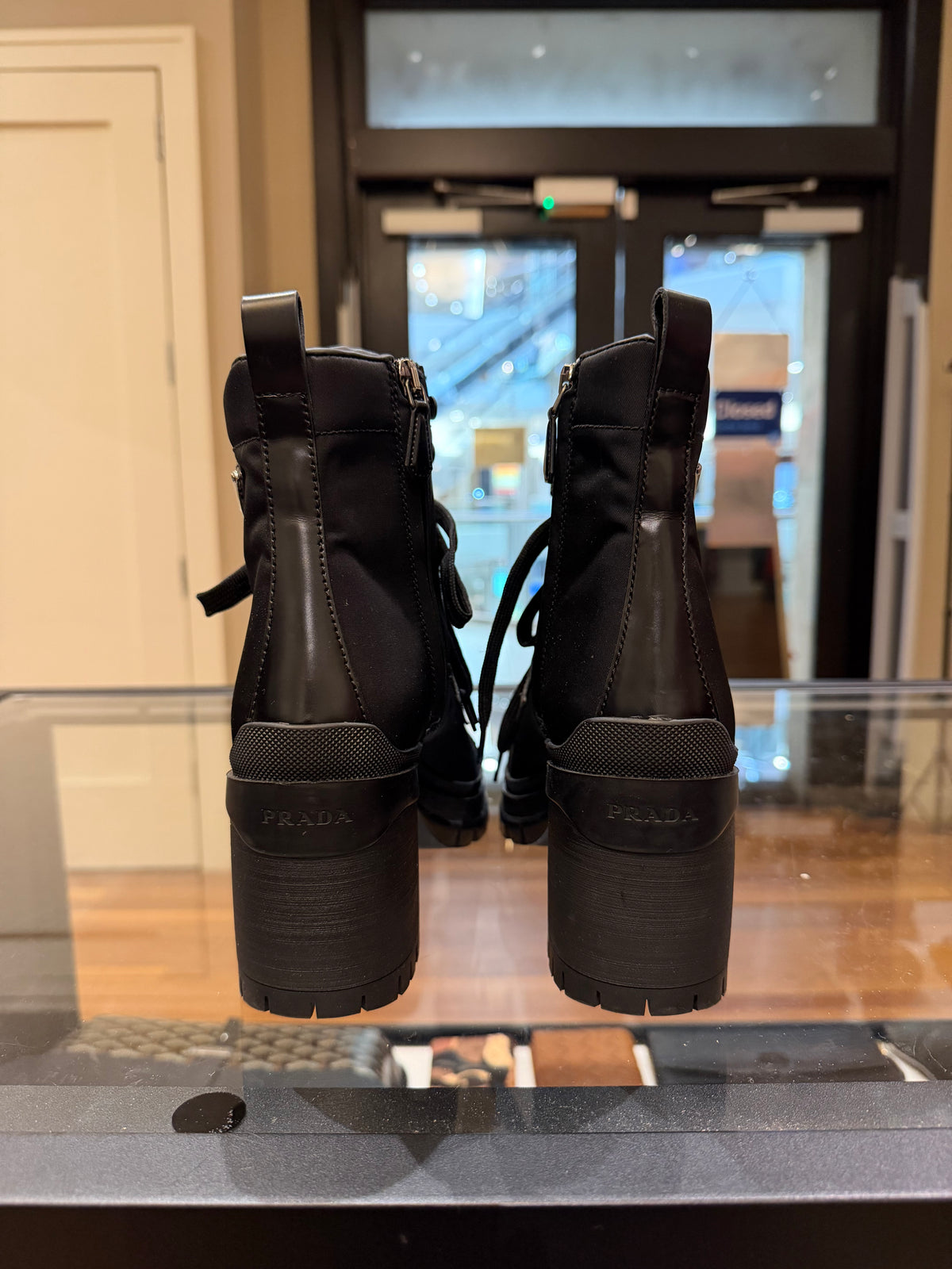 Prada Nylon Leather Block Heel Combat Boots - Black