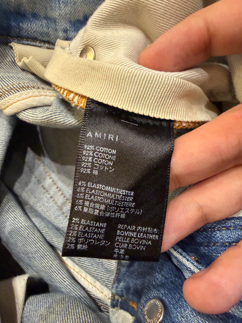Amiri MX1 Distressed Skinny Jeans - Light Wash/Orange Patches