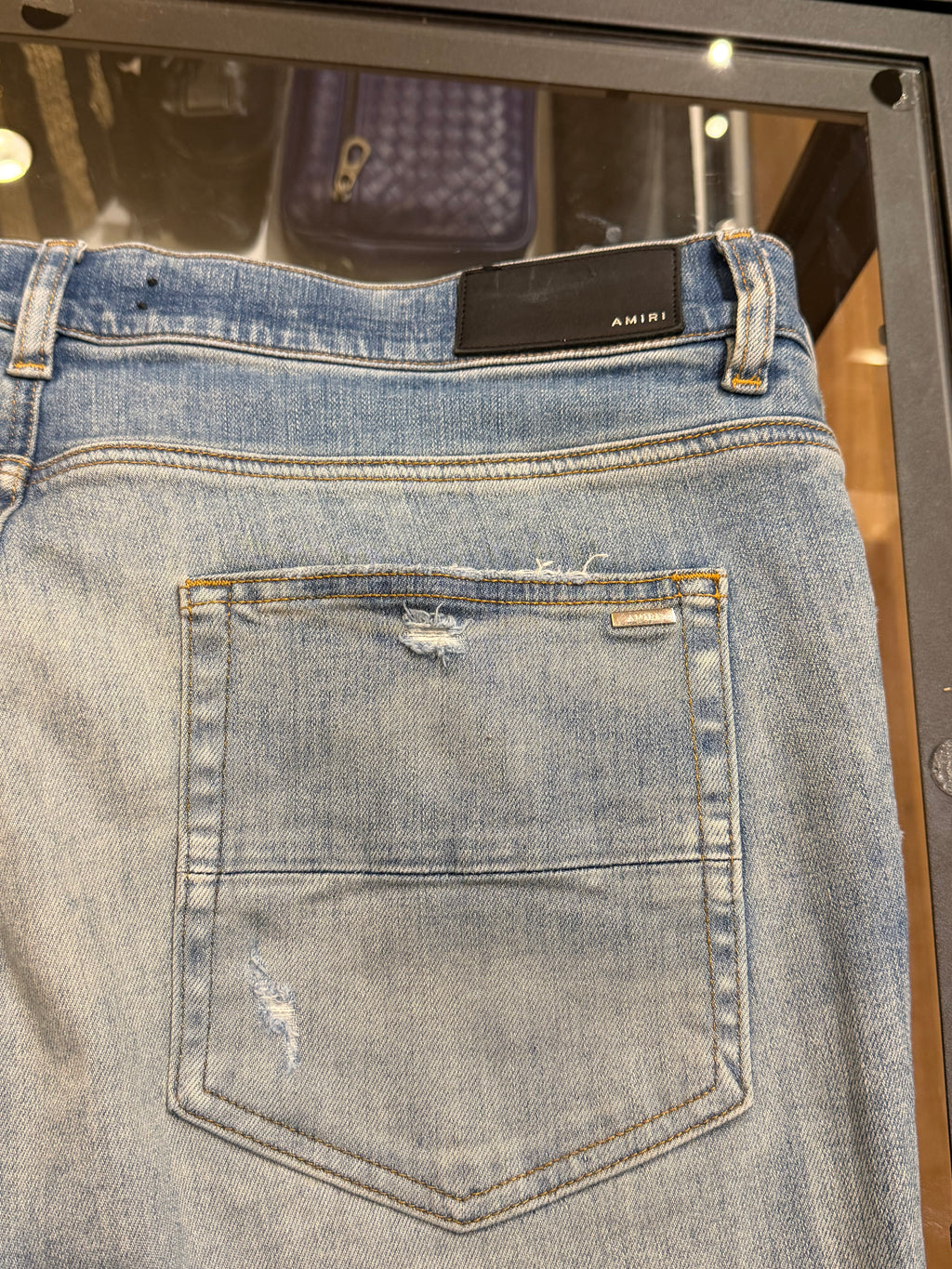Amiri MX1 Distressed Skinny Jeans - Light Wash/Orange Patches