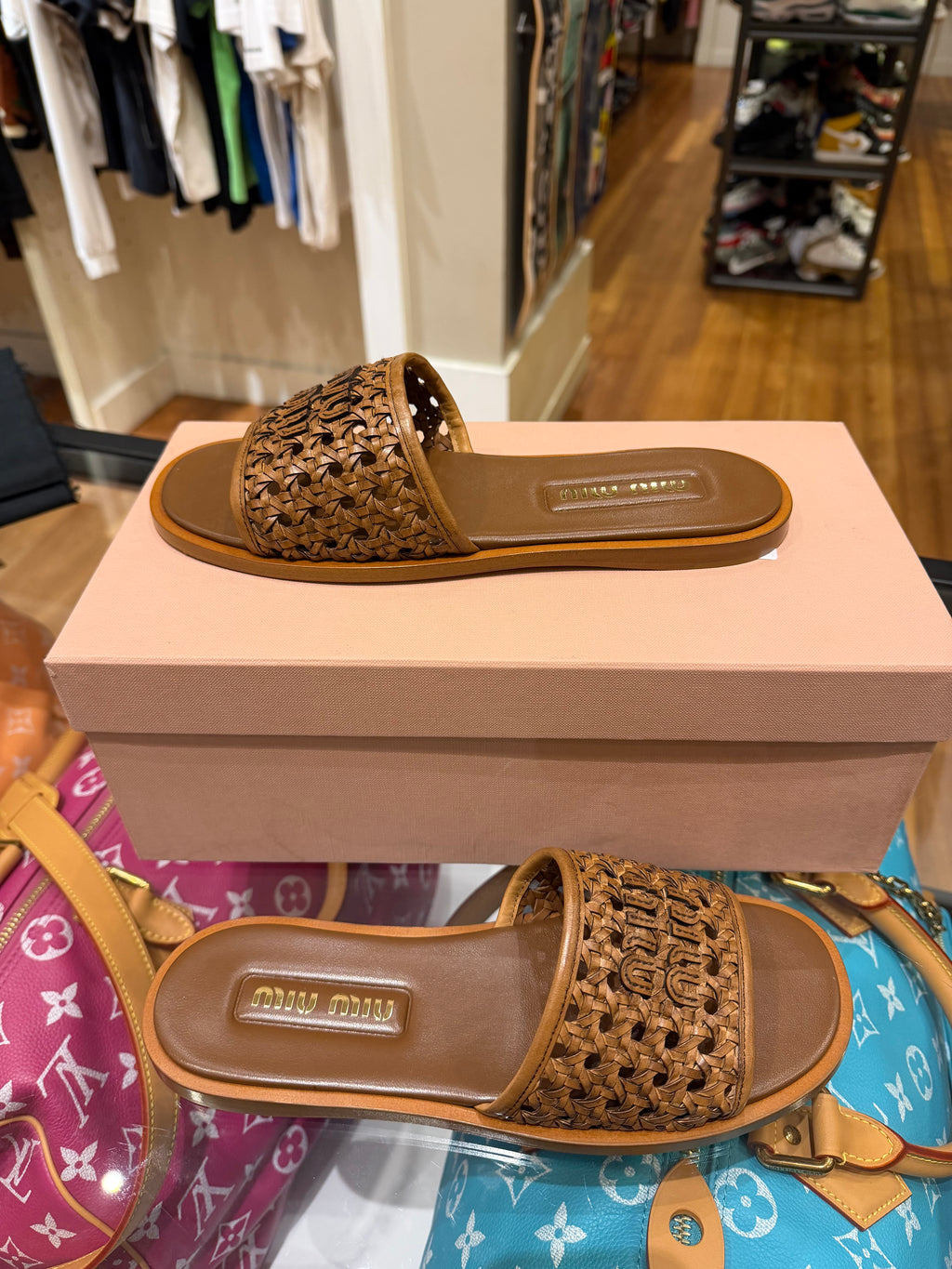 Miu Miu Woven Calf Leather Slides - Brown