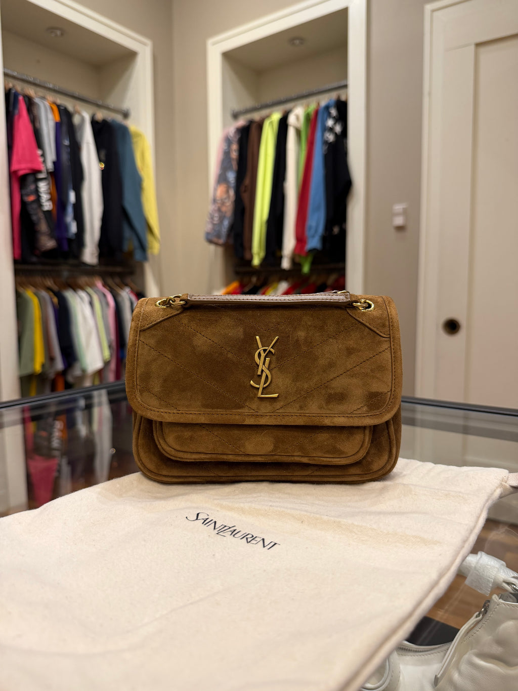 Saint Laurent Niki Mini In Suede - Caramel Cognac