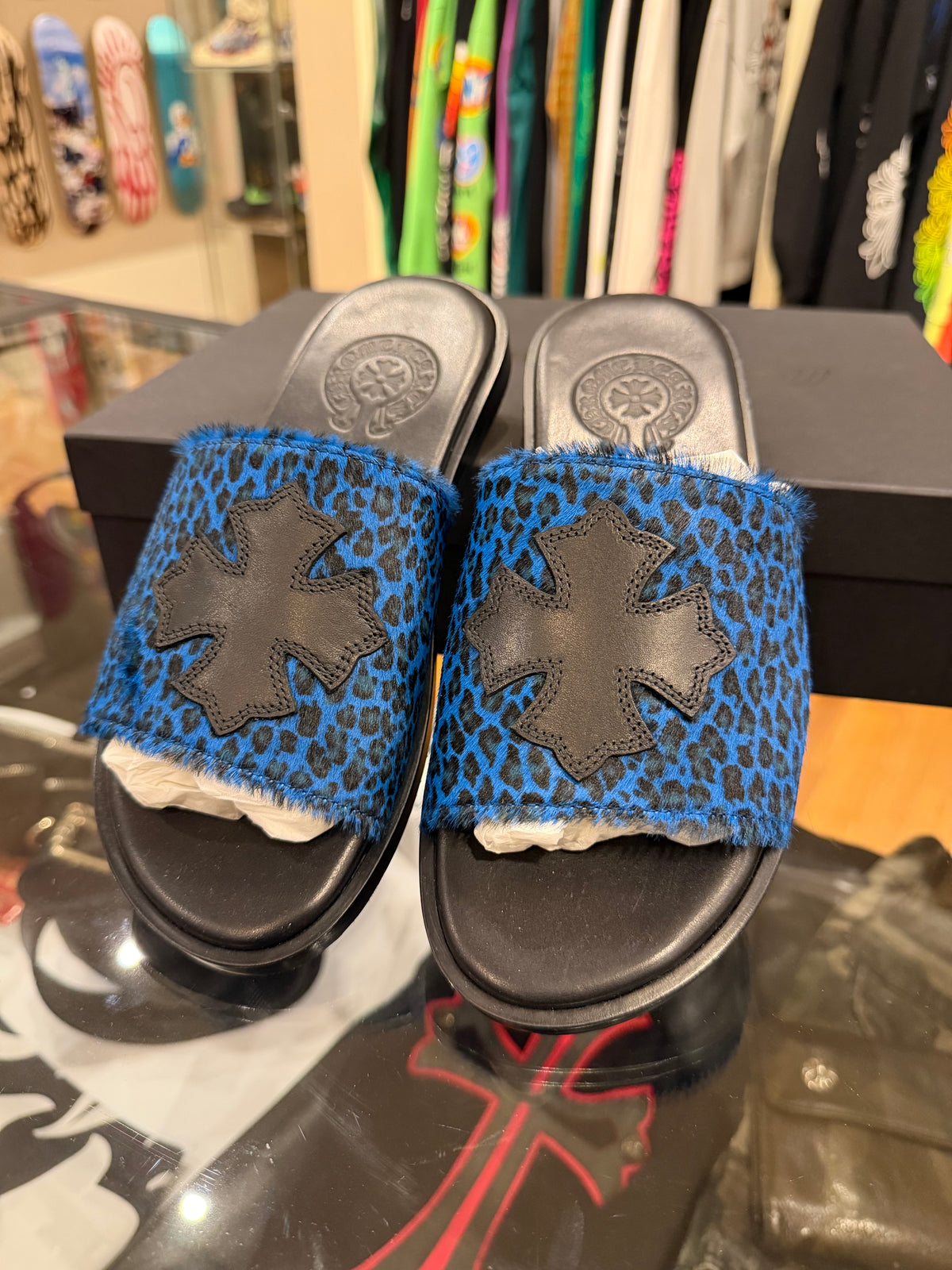 Chrome Hearts Blue Leopard Leather Patch Slides