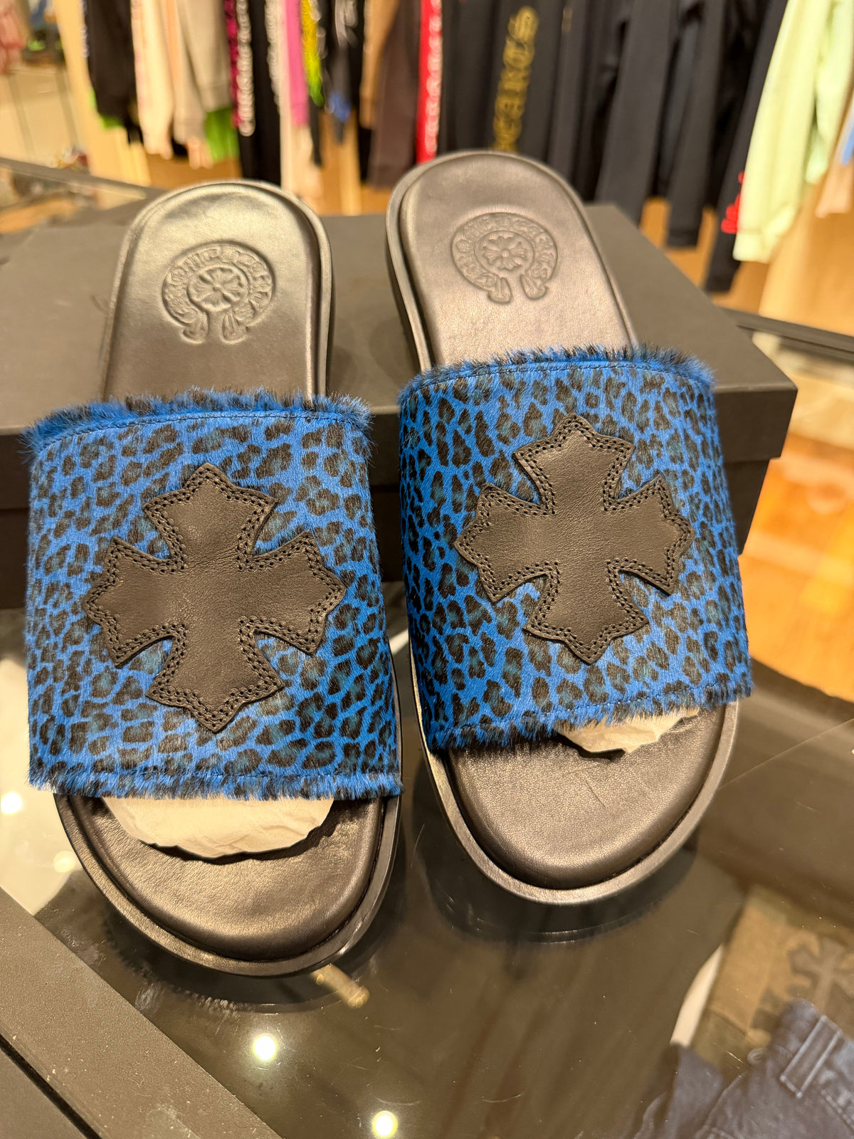 Chrome Hearts Blue Leopard CH Plus Patch Slides