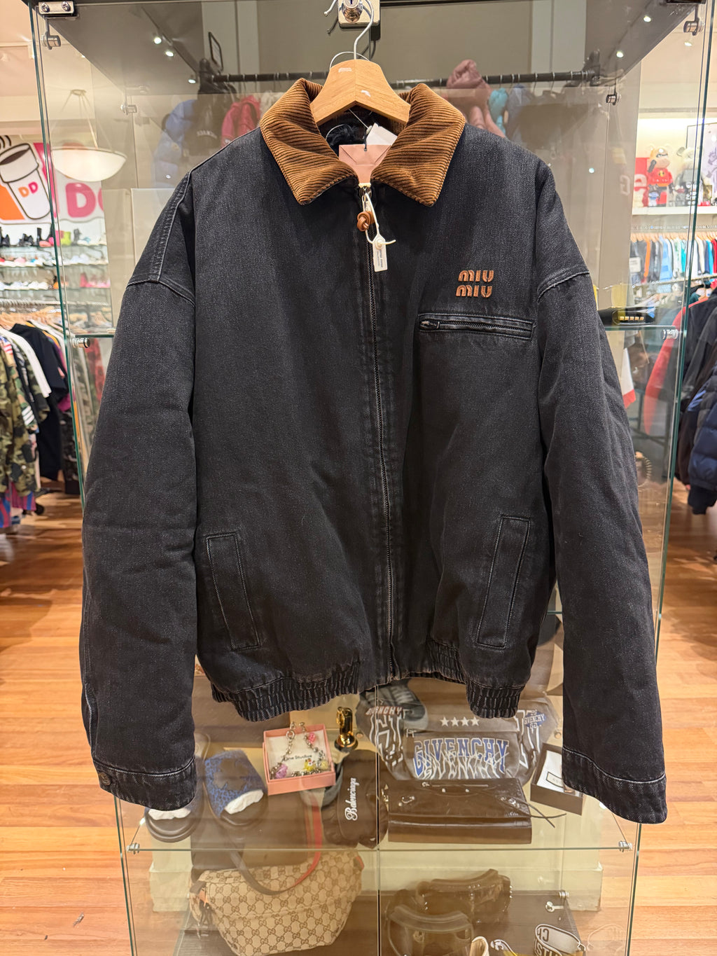 Miu Miu Corduroy Collar Padded Black Denim Work Jacket