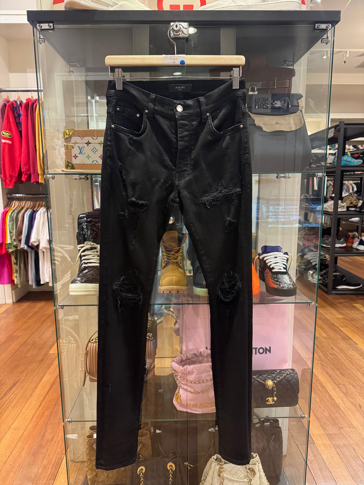 Amiri MX1 Distressed Skinny Jeans - Black Denim Black Patches