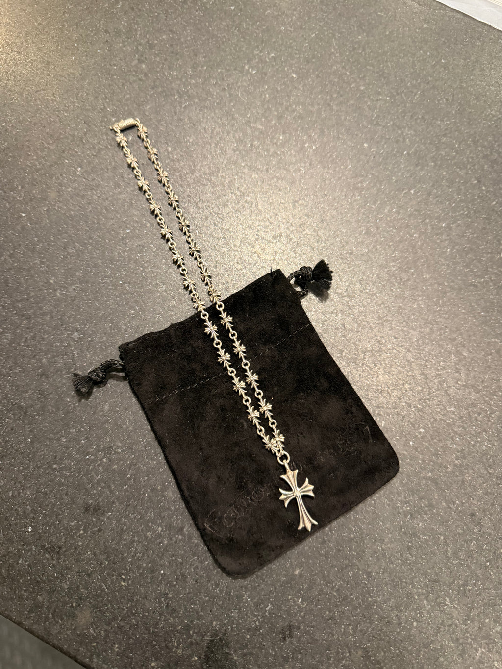 Chrome Hearts Tiny E Cross Necklace W/ Cross Pendant 18” - Silver