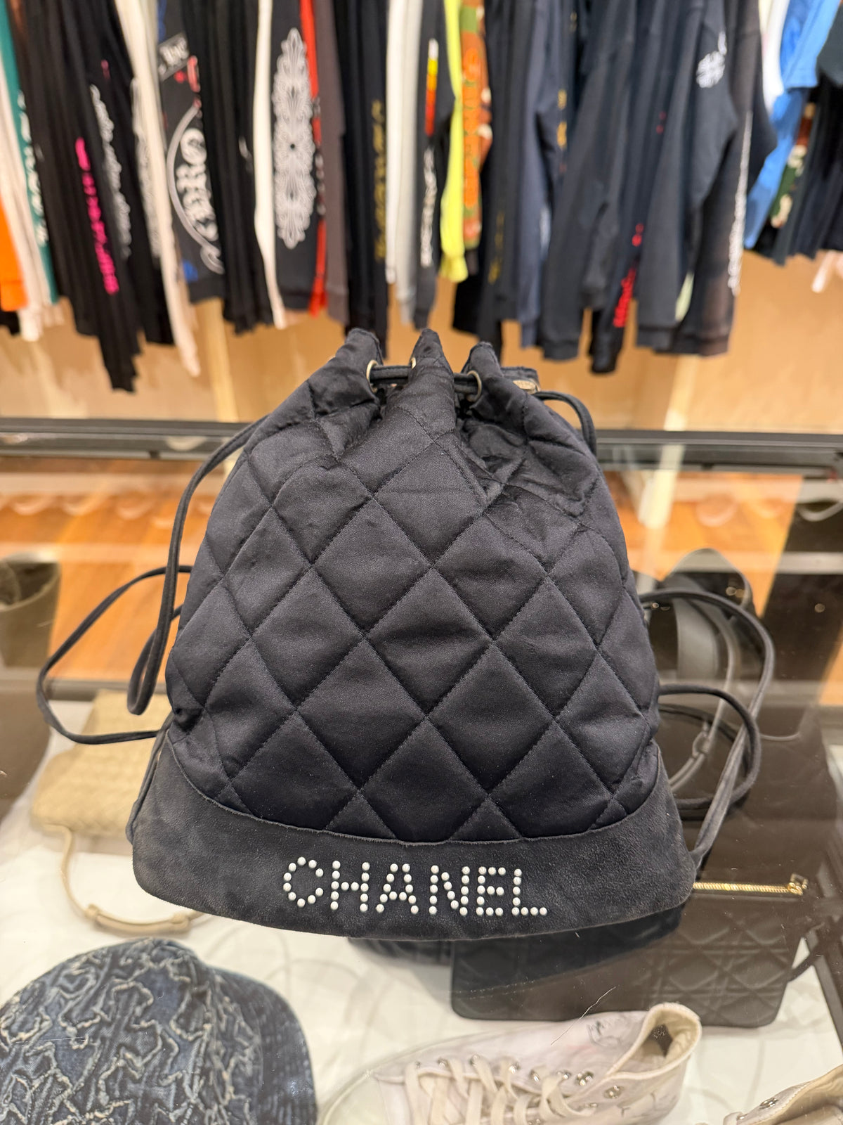 Chanel Satin Quilted Blue Pearl Drawstring Backpack
