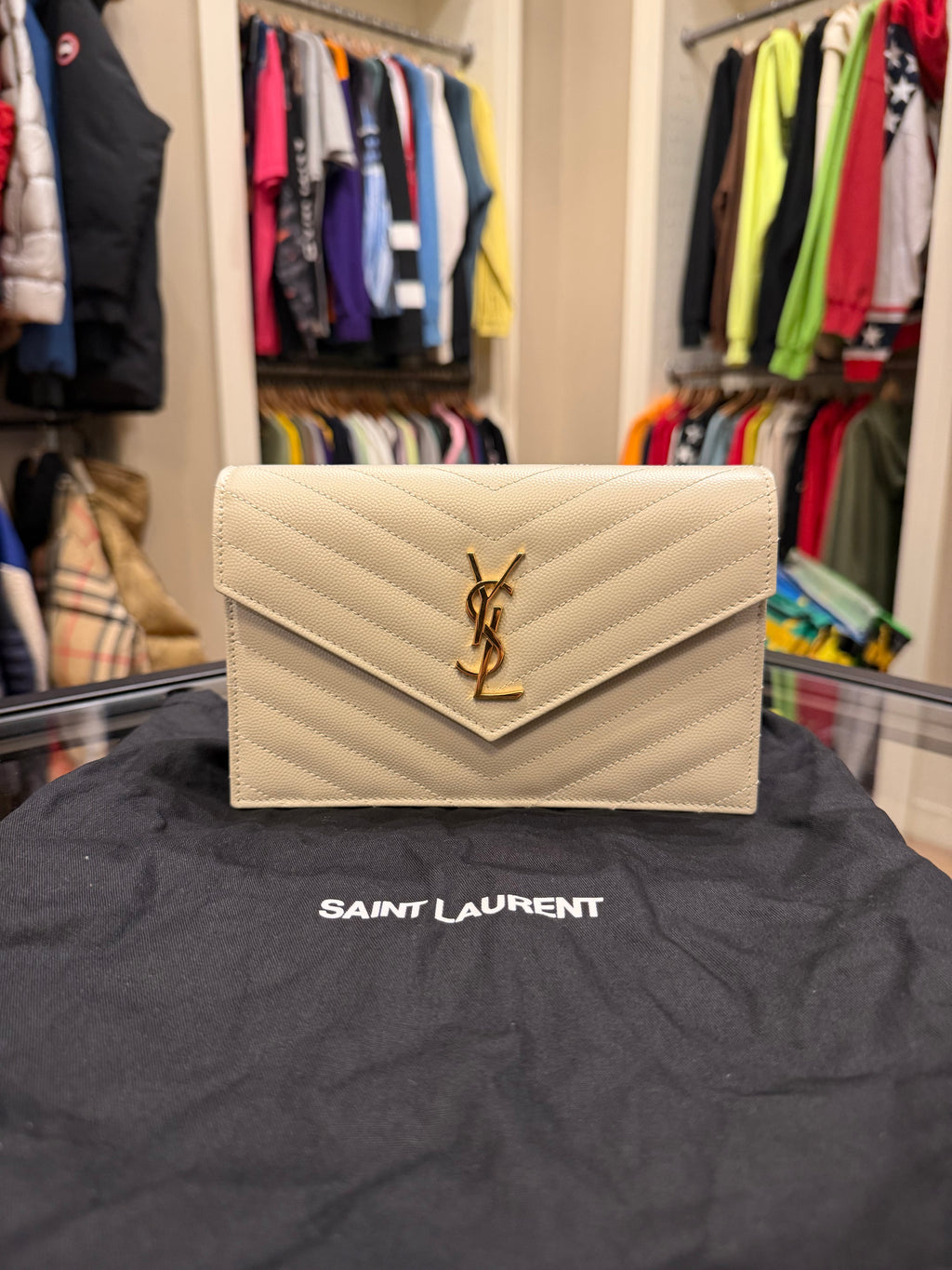 Saint Laurent Cassandre Envelope Chain Wallet - Beige