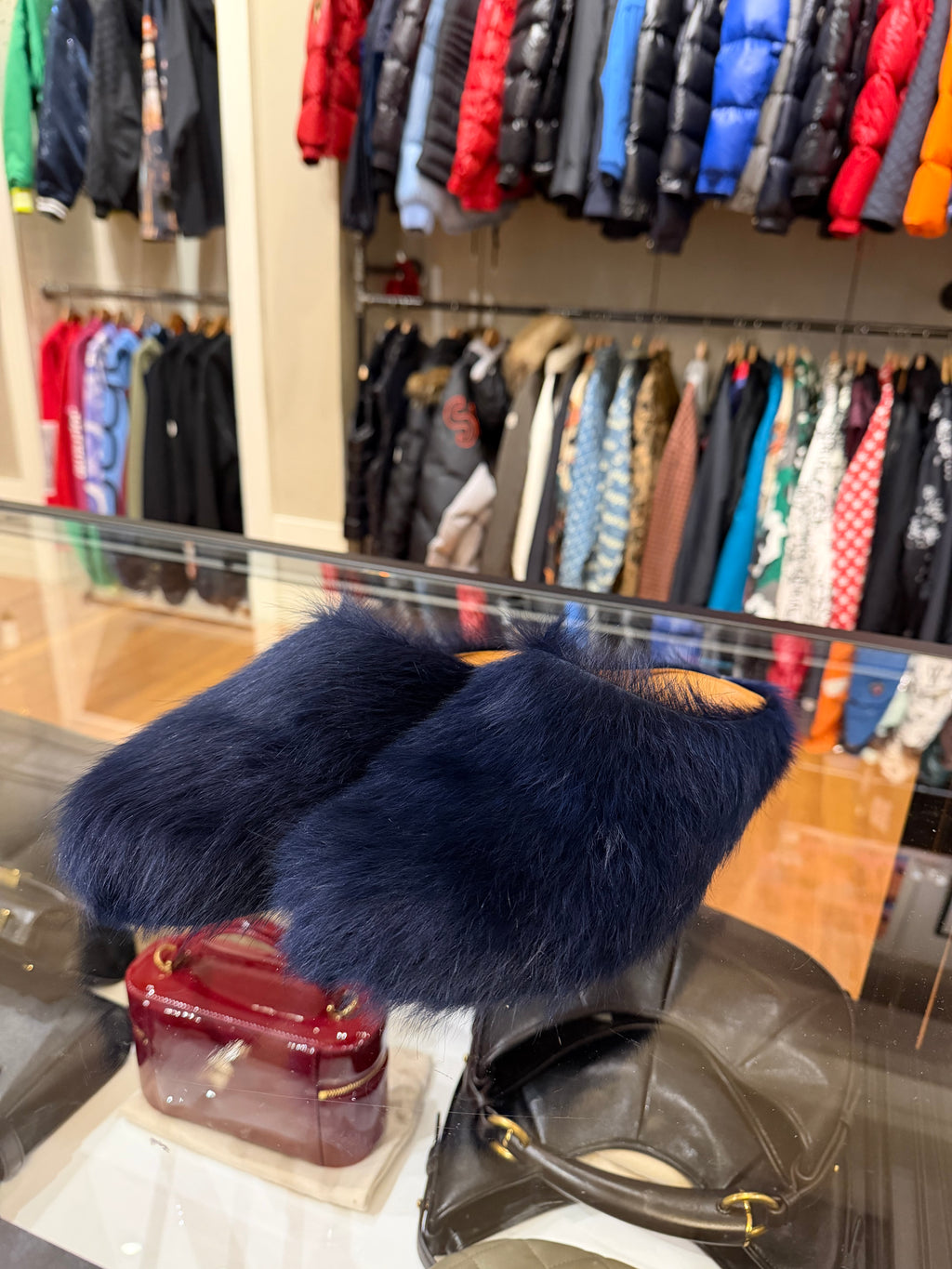 Marni Blue Fuzzy Slides