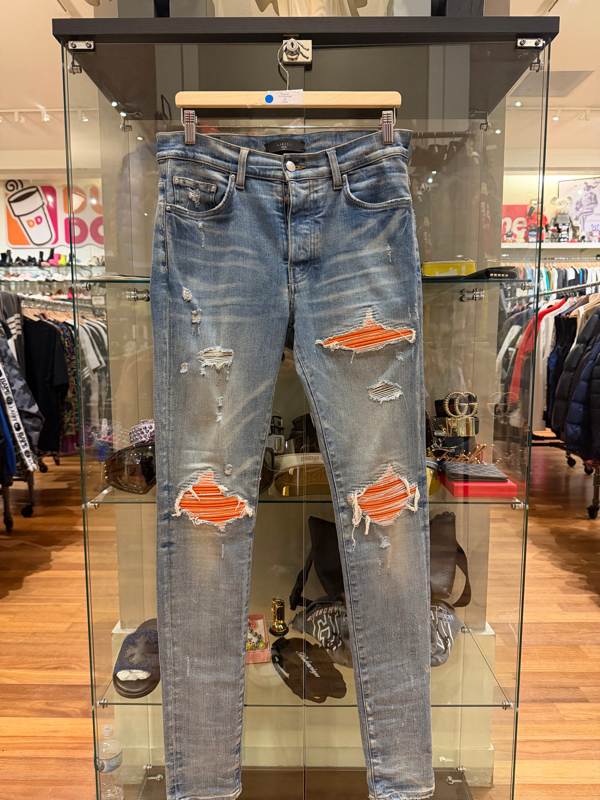 Amiri MX1 Distressed Skinny Jeans - Light Wash/Orange Patches
