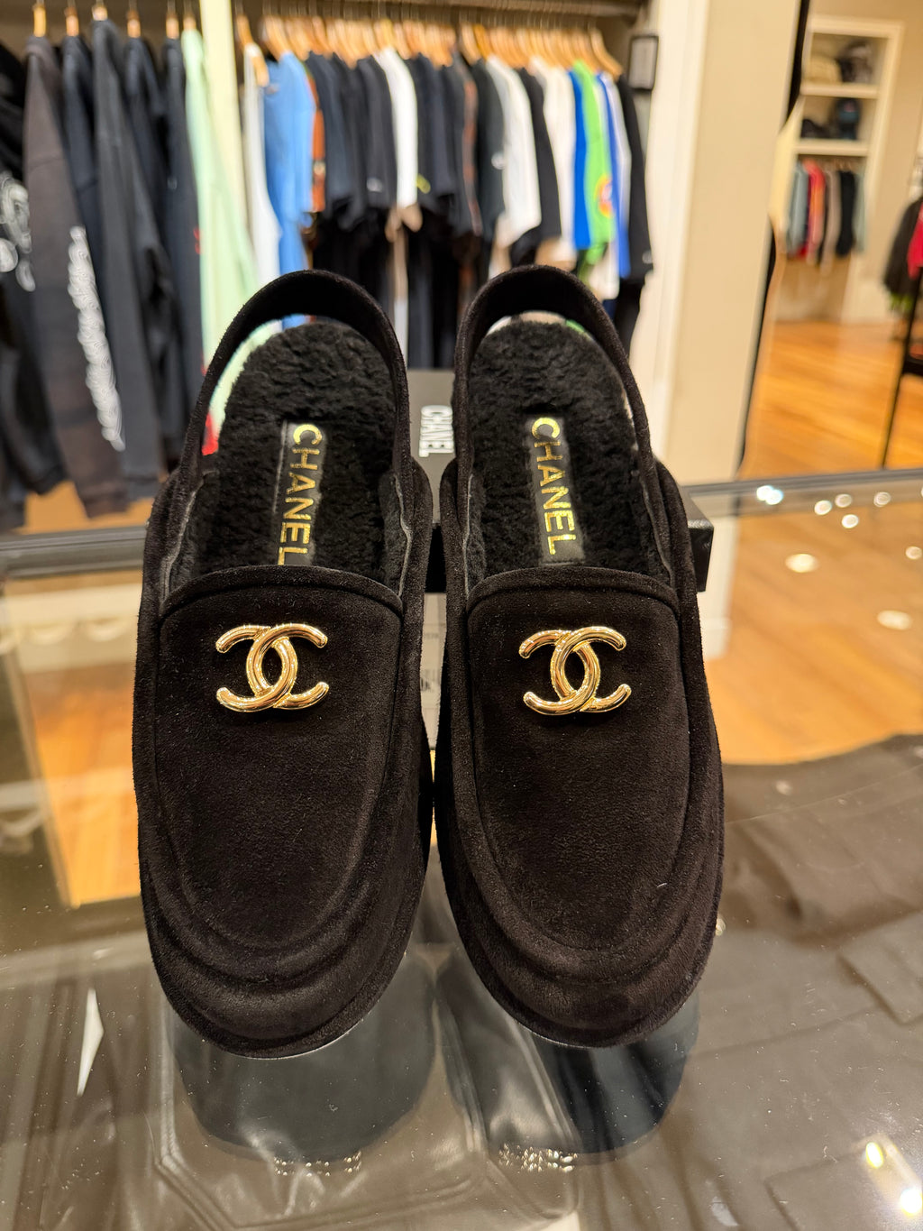 Chanel 25A Black Suede Shearling CC Moccasin Slingback Loafer