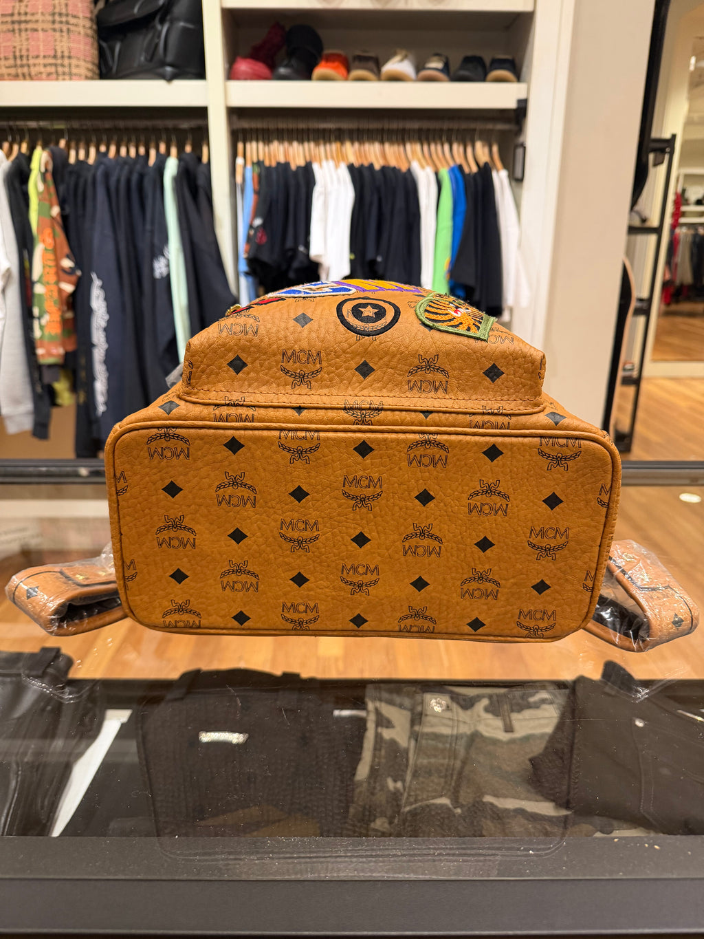 MCM x Bape Shark Backpack Visetos Cognac