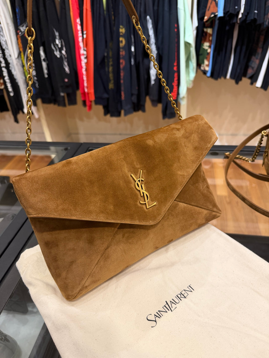 Saint Laurent Cassandre YSL Envelope Shoulder Bag - Camel Suede