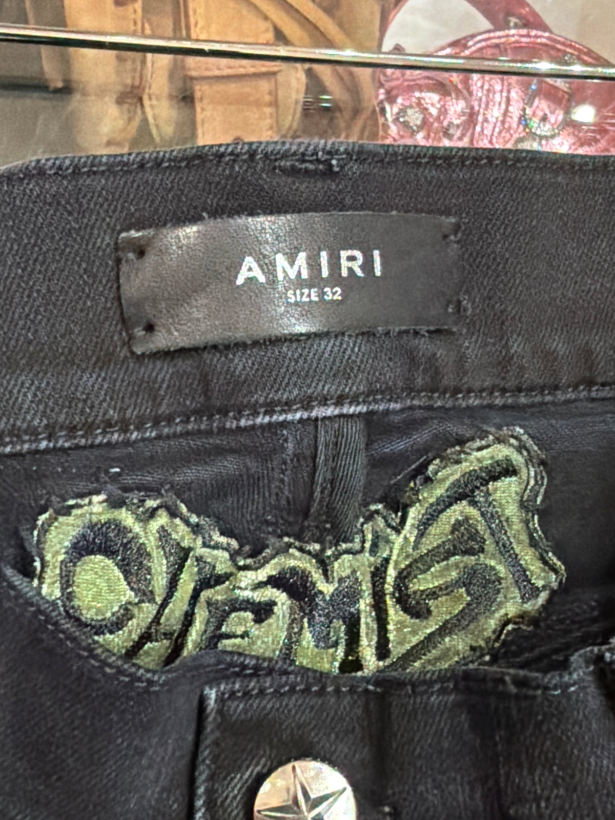 Amiri x Chemist Leather Patch Skinny Jeans -Black/GreenStars