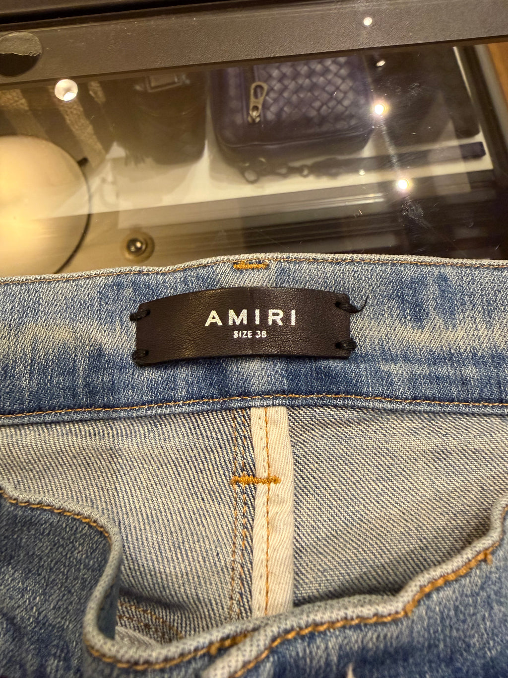 Amiri MX1 Distressed Skinny Jeans - Light Wash/Orange Patches