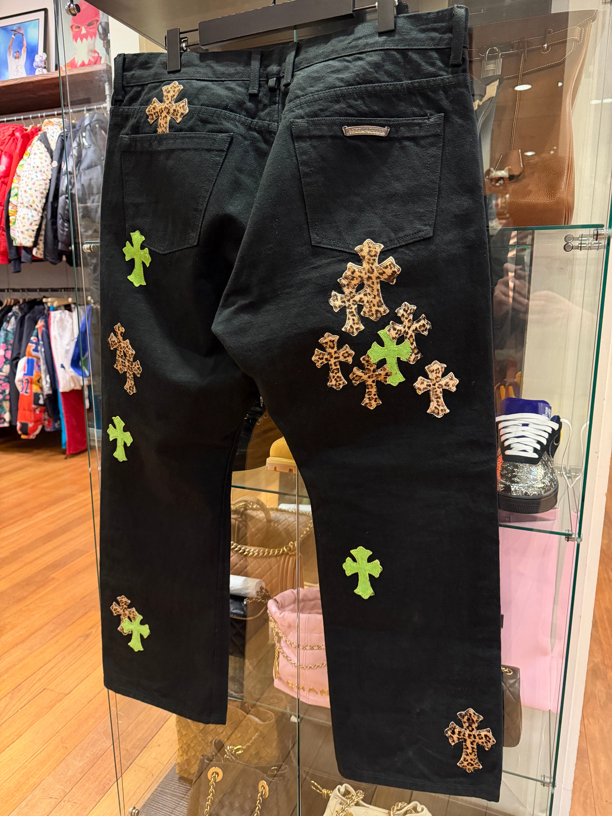 Chrome Hearts Leopard & Green Cross Patch Denim Jeans - Black