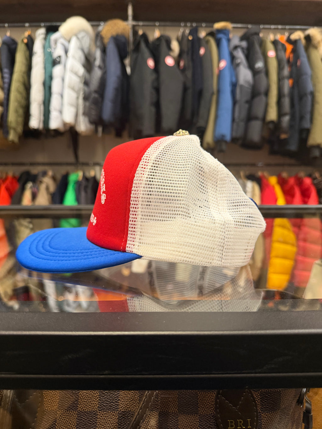 Chrome Hearts Cemetery Cross Hollywood Trucker Hat - Red, White & Blue