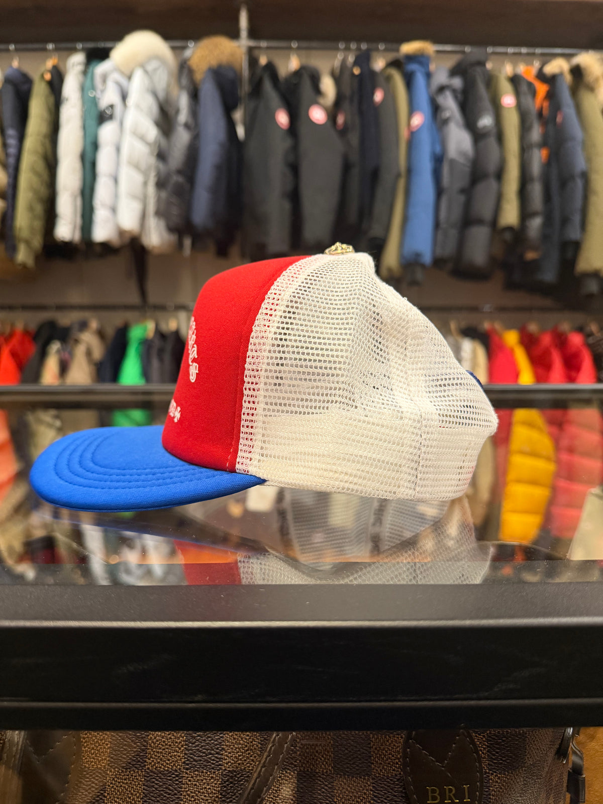 Chrome Hearts Cemetery Cross Hollywood Trucker Hat - Red, White & Blue