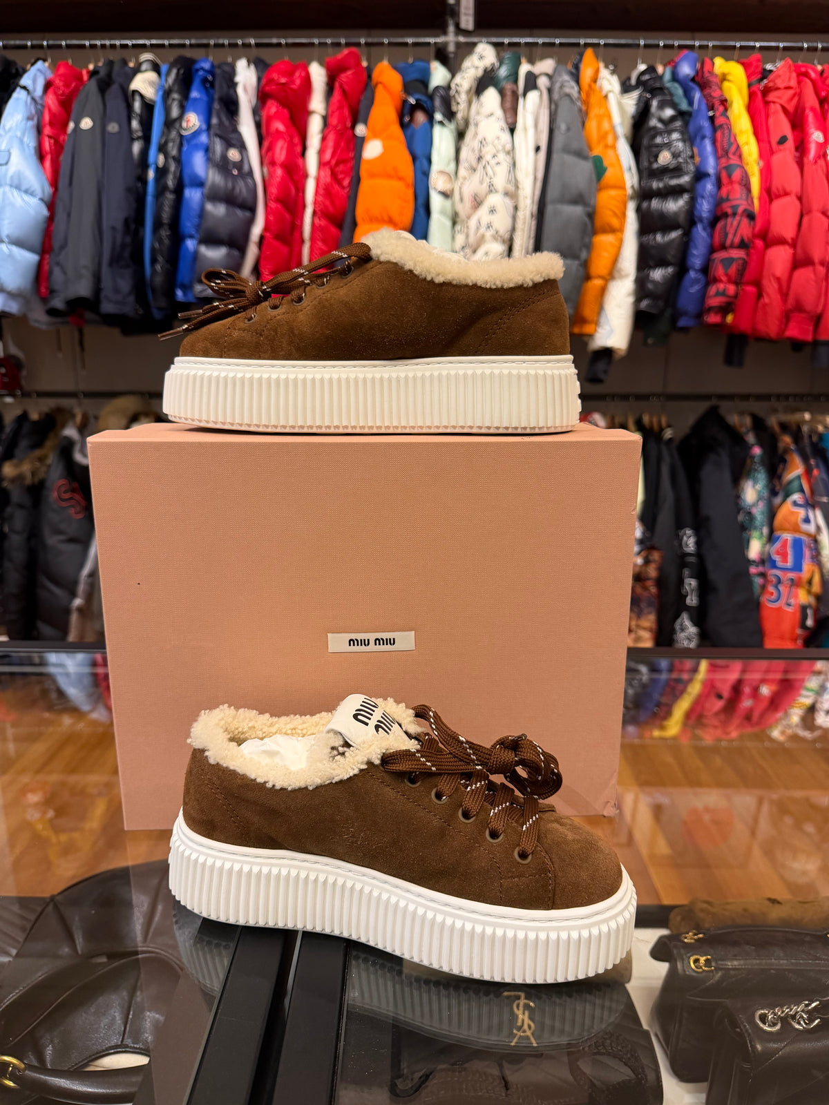 Miu Miu Suede & Shearling Sneakers - Dark Brown
