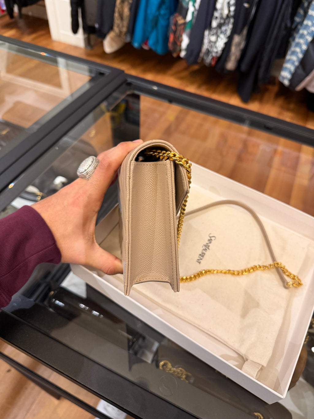 Saint Laurent Cassandre Chain Wallet - Dark beige