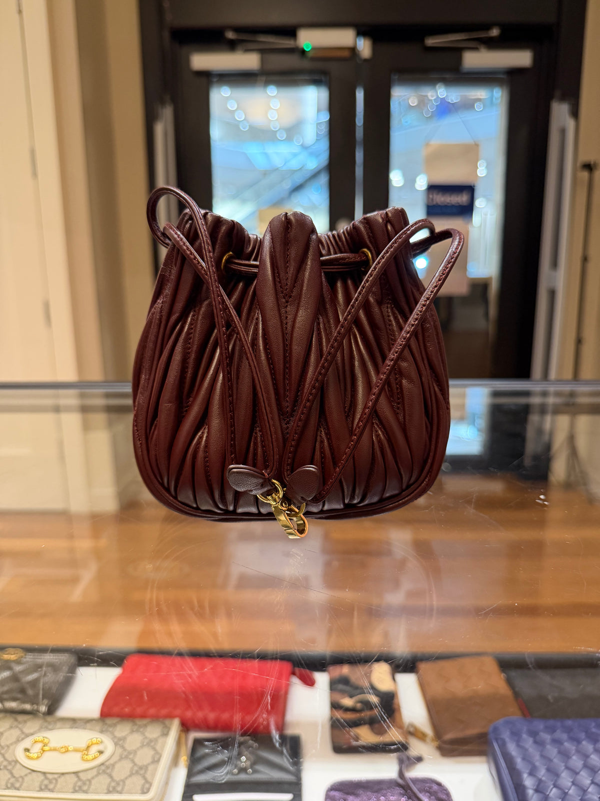 Miu Miu Black Matelassé Leather Mini Bag - Burgundy